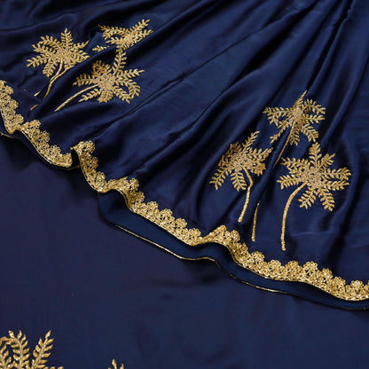 Rare Vintage Blue Pure Satin Silk Saree Hand Embroidered Fabric 6 Yards Sari Bollywood Party Wear Ethnic Designer Saree