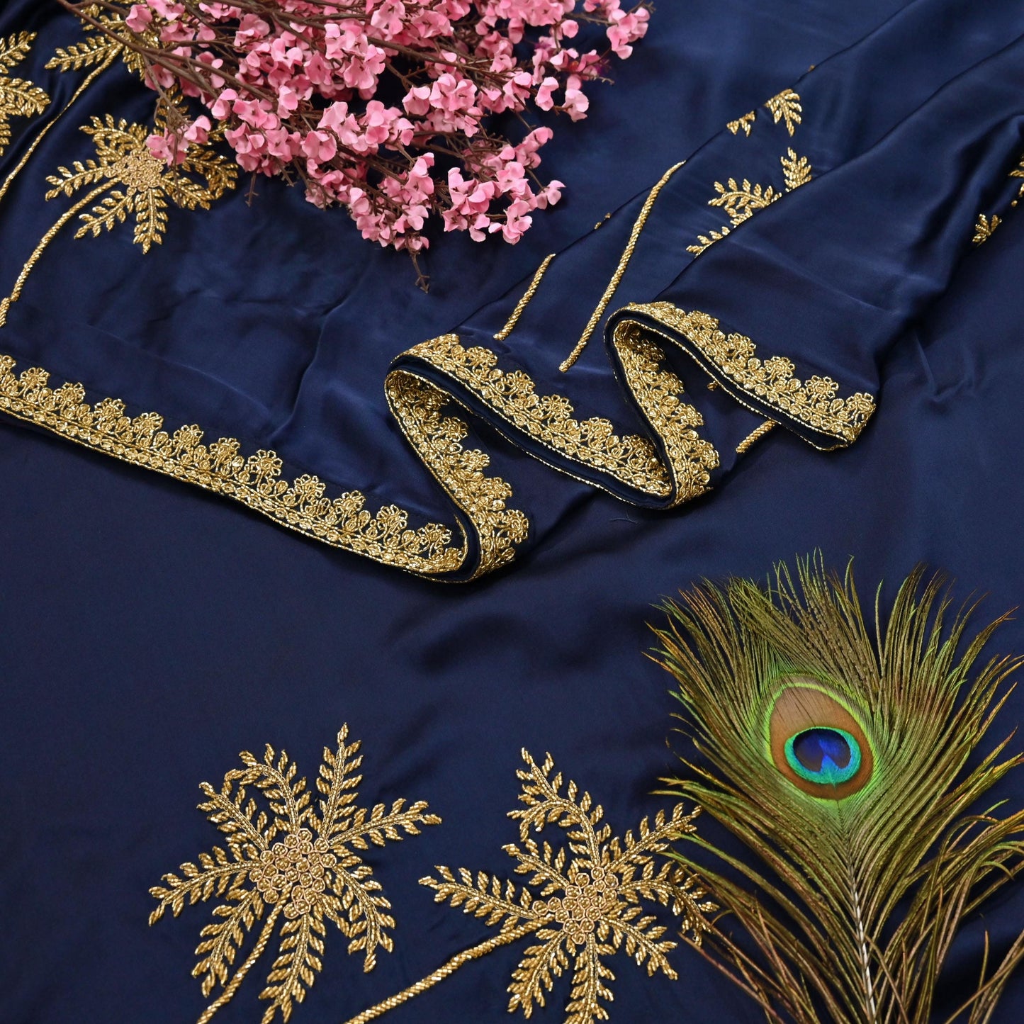 Rare Vintage Blue Pure Satin Silk Saree Hand Embroidered Fabric 6 Yards Sari Bollywood Party Wear Ethnic Designer Saree