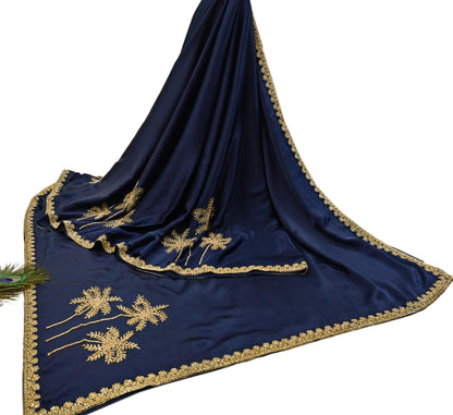 Rare Vintage Blue Pure Satin Silk Saree Hand Embroidered Fabric 6 Yards Sari Bollywood Party Wear Ethnic Designer Saree