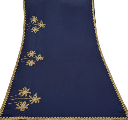 Rare Vintage Blue Pure Satin Silk Saree Hand Embroidered Fabric 6 Yards Sari Bollywood Party Wear Ethnic Designer Saree