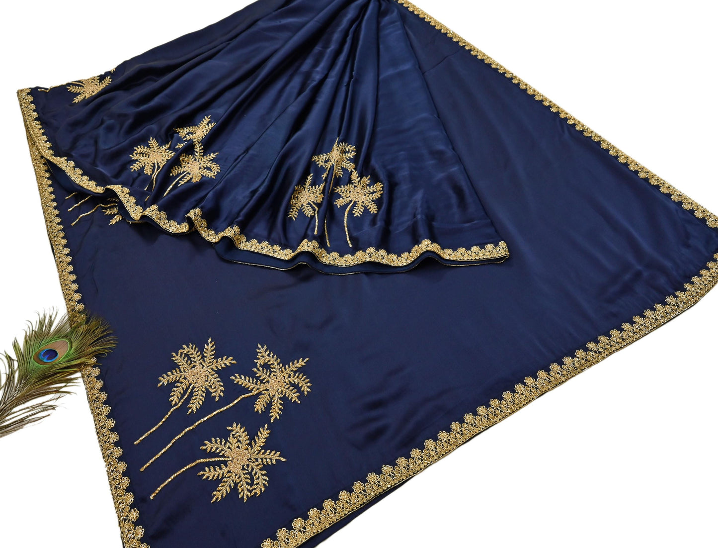 Rare Vintage Blue Pure Satin Silk Saree Hand Embroidered Fabric 6 Yards Sari Bollywood Party Wear Ethnic Designer Saree