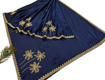 Rare Vintage Blue Pure Satin Silk Saree Hand Embroidered Fabric 6 Yards Sari Bollywood Party Wear Ethnic Designer Saree