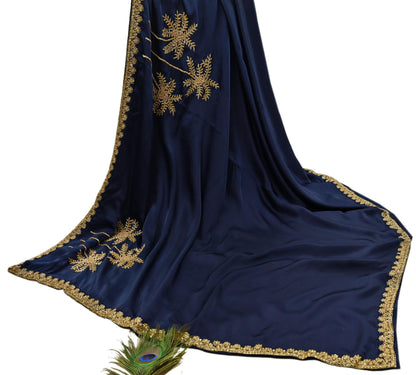 Rare Vintage Blue Pure Satin Silk Saree Hand Embroidered Fabric 6 Yards Sari Bollywood Party Wear Ethnic Designer Saree