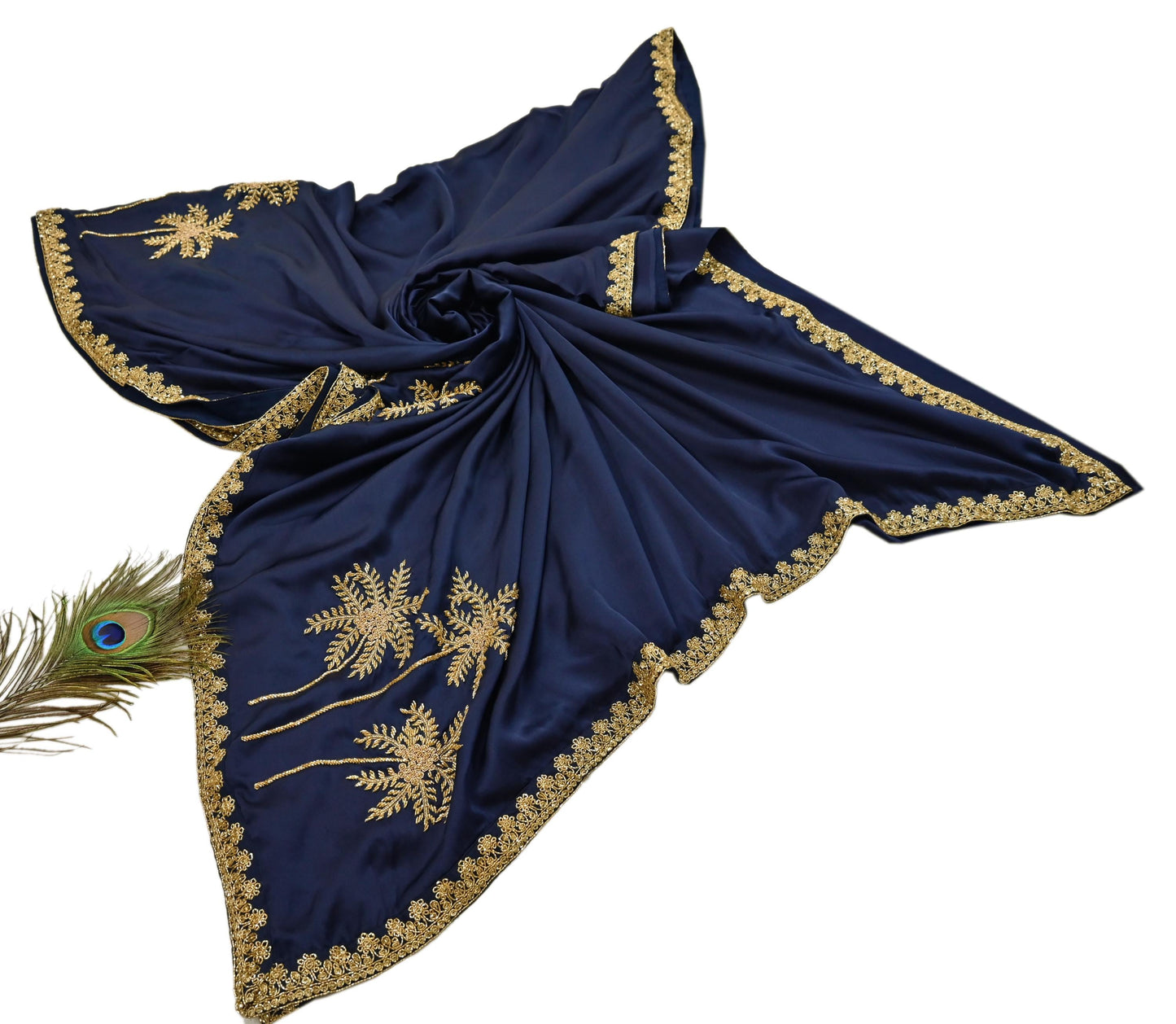 Rare Vintage Blue Pure Satin Silk Saree Hand Embroidered Fabric 6 Yards Sari Bollywood Party Wear Ethnic Designer Saree