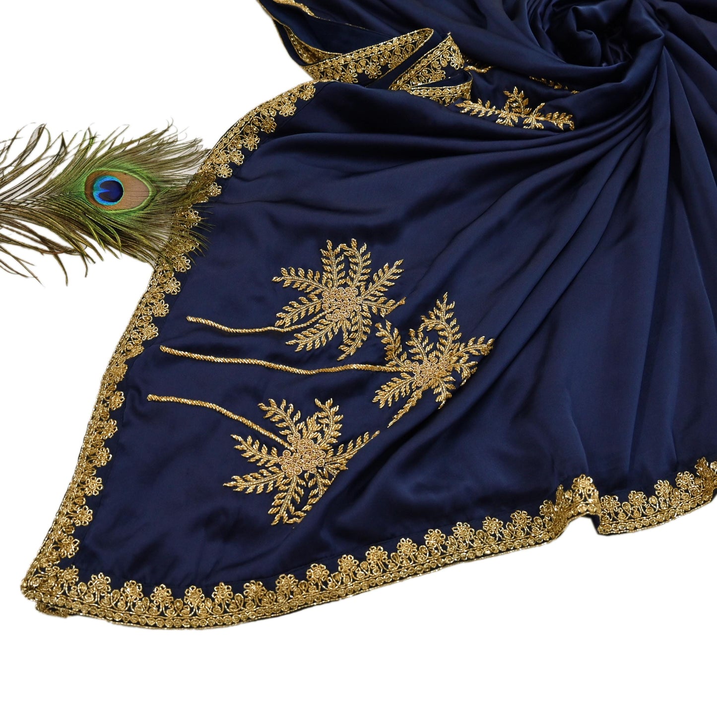 Rare Vintage Blue Pure Satin Silk Saree Hand Embroidered Fabric 6 Yards Sari Bollywood Party Wear Ethnic Designer Saree
