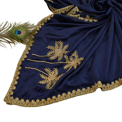 Rare Vintage Blue Pure Satin Silk Saree Hand Embroidered Fabric 6 Yards Sari Bollywood Party Wear Ethnic Designer Saree