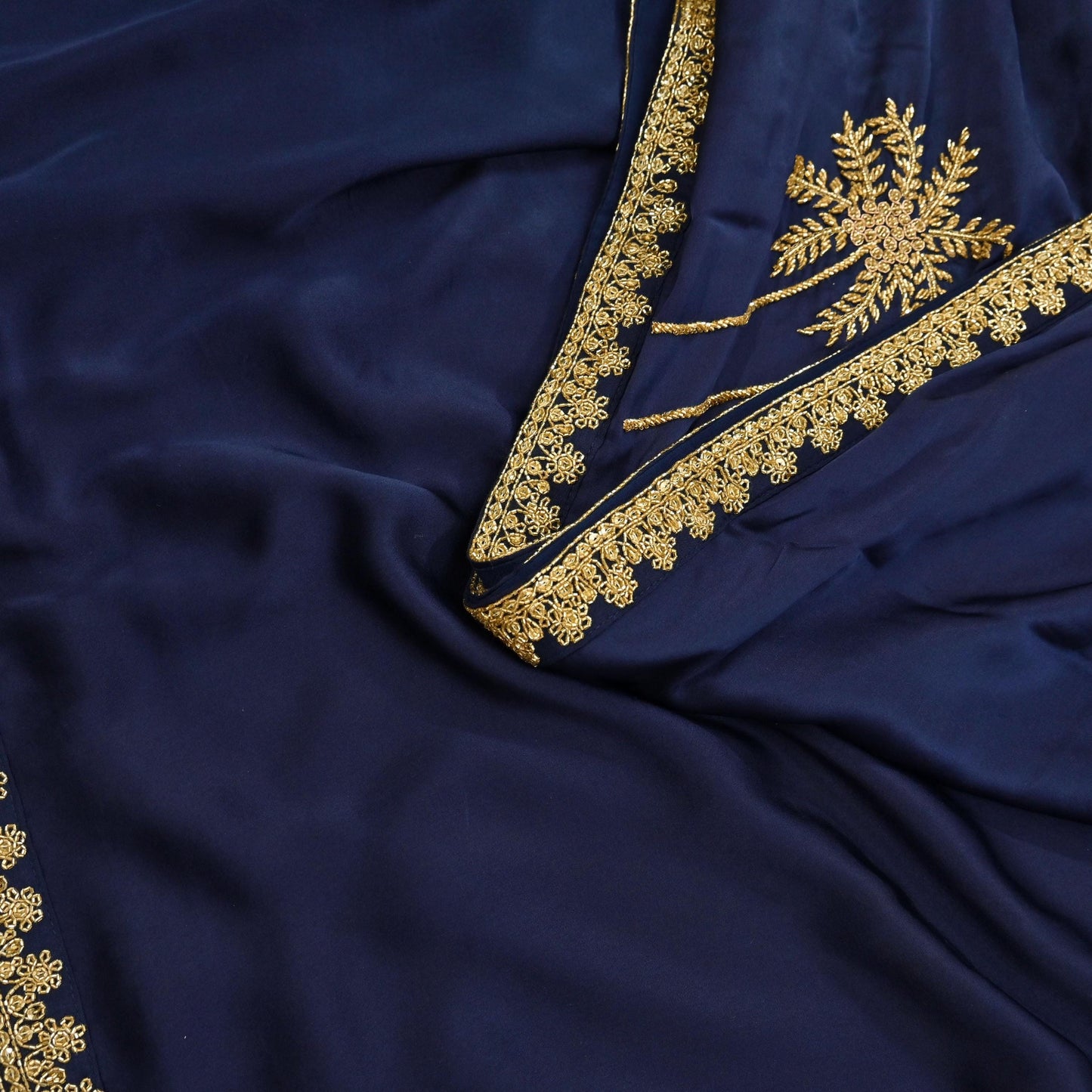 Rare Vintage Blue Pure Satin Silk Saree Hand Embroidered Fabric 6 Yards Sari Bollywood Party Wear Ethnic Designer Saree