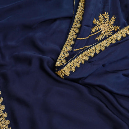 Rare Vintage Blue Pure Satin Silk Saree Hand Embroidered Fabric 6 Yards Sari Bollywood Party Wear Ethnic Designer Saree