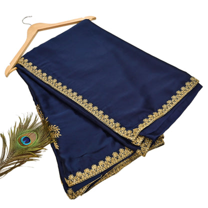 Rare Vintage Blue Pure Satin Silk Saree Hand Embroidered Fabric 6 Yards Sari Bollywood Party Wear Ethnic Designer Saree