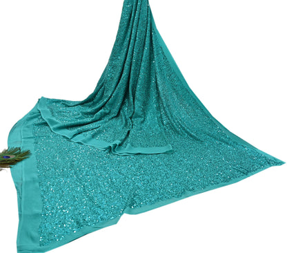 Rare Vintage Green Pure Chiffon Silk Saree Hand Embroidered Mukesh Fabric 5.5 Yards Sari Bollywood Party Wear Ethnic saree