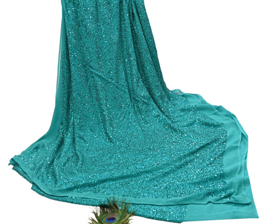 Rare Vintage Green Pure Chiffon Silk Saree Hand Embroidered Mukesh Fabric 5.5 Yards Sari Bollywood Party Wear Ethnic saree