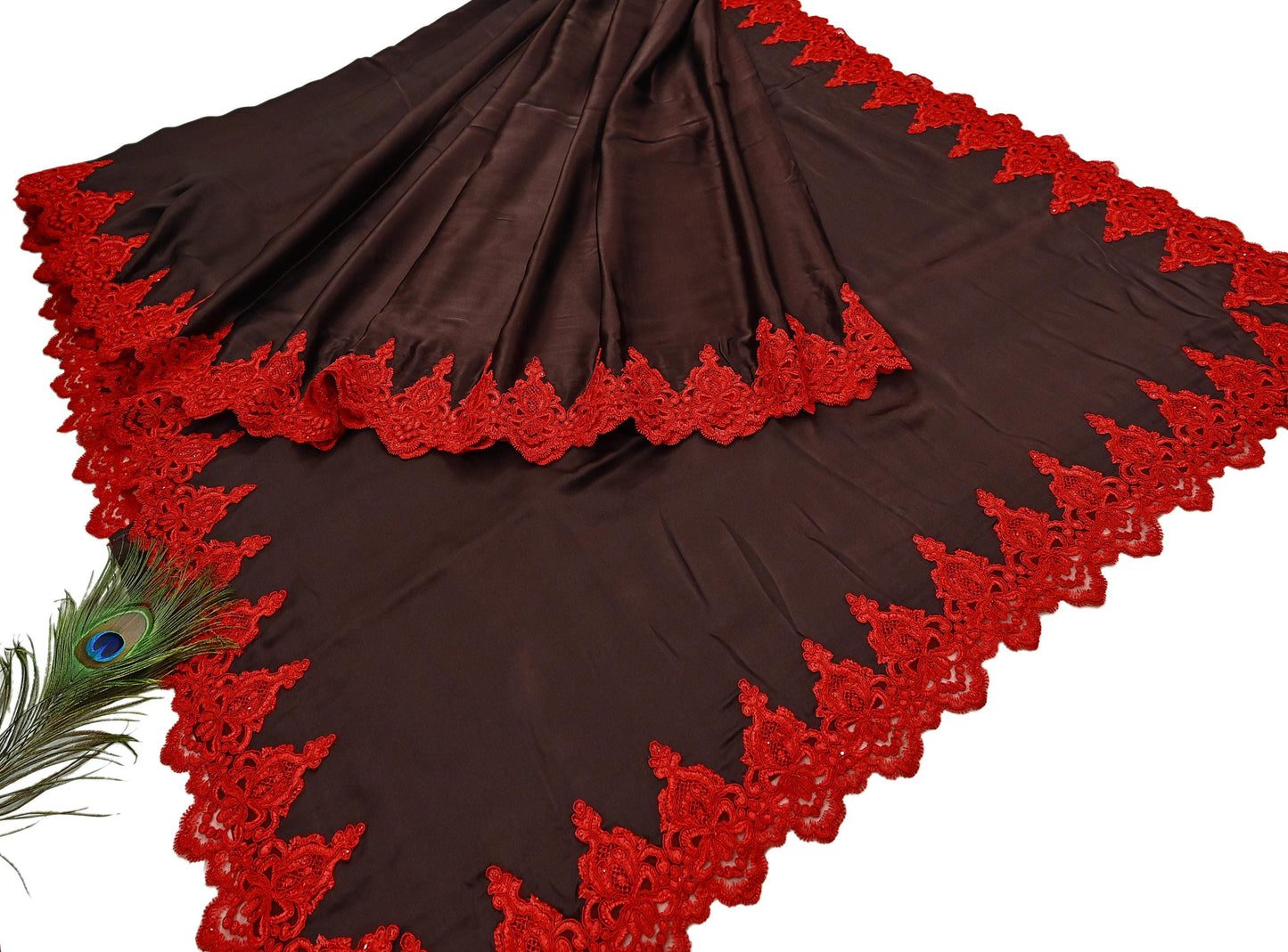 Rare Vintage Brown Pure Satin Silk Saree Hand Embroidered Fabric 5.5 Yards Sari Bollywood Party Wear Ethnic Designer Saree