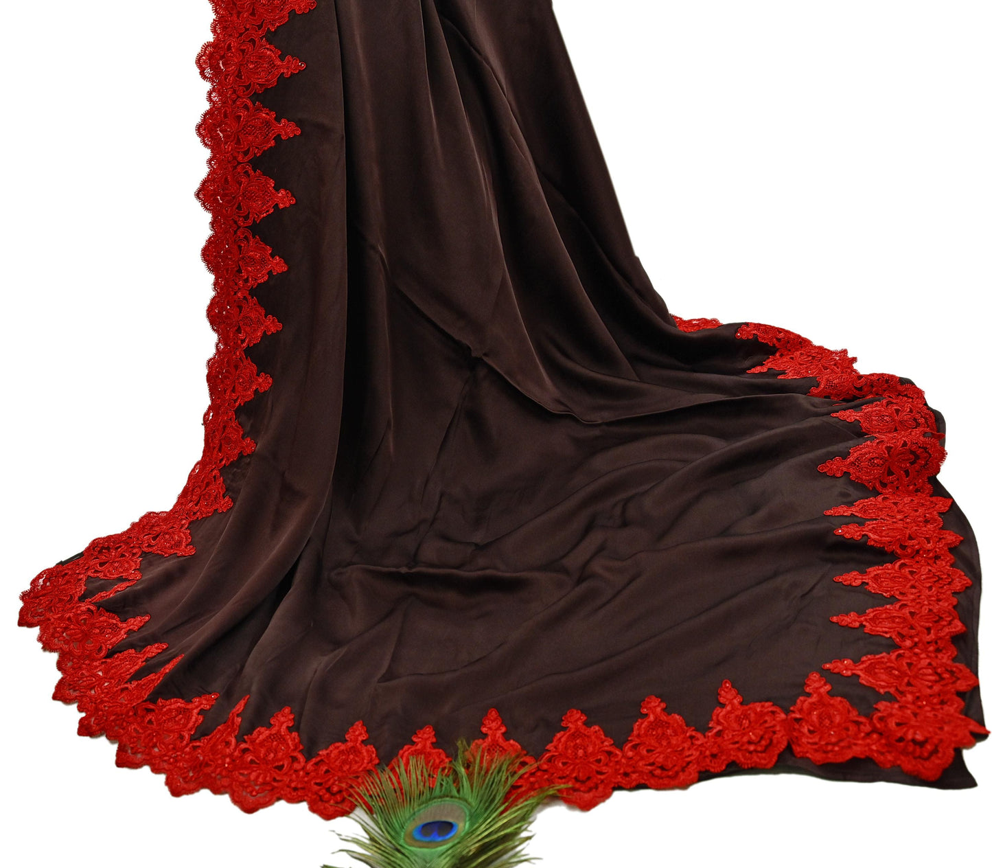 Rare Vintage Brown Pure Satin Silk Saree Hand Embroidered Fabric 5.5 Yards Sari Bollywood Party Wear Ethnic Designer Saree