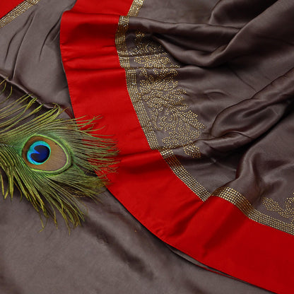 Rare Vintage Brown Pure Satin Silk Saree Hand Embroidered Fabric 5.5 Yards Sari Bollywood Party Wear Ethnic Designer Saree