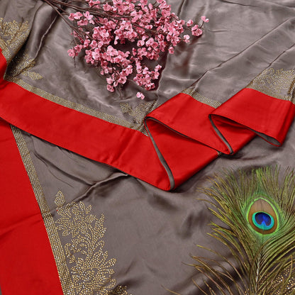 Rare Vintage Brown Pure Satin Silk Saree Hand Embroidered Fabric 5.5 Yards Sari Bollywood Party Wear Ethnic Designer Saree
