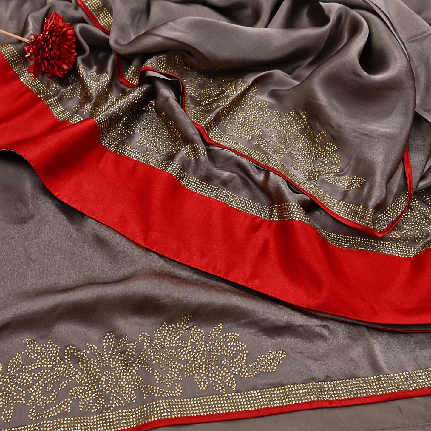 Rare Vintage Brown Pure Satin Silk Saree Hand Embroidered Fabric 5.5 Yards Sari Bollywood Party Wear Ethnic Designer Saree