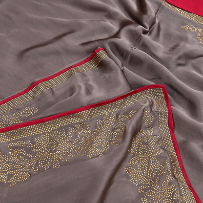Rare Vintage Brown Pure Satin Silk Saree Hand Embroidered Fabric 5.5 Yards Sari Bollywood Party Wear Ethnic Designer Saree