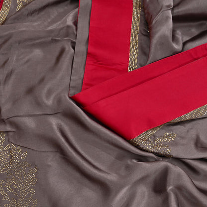 Rare Vintage Brown Pure Satin Silk Saree Hand Embroidered Fabric 5.5 Yards Sari Bollywood Party Wear Ethnic Designer Saree