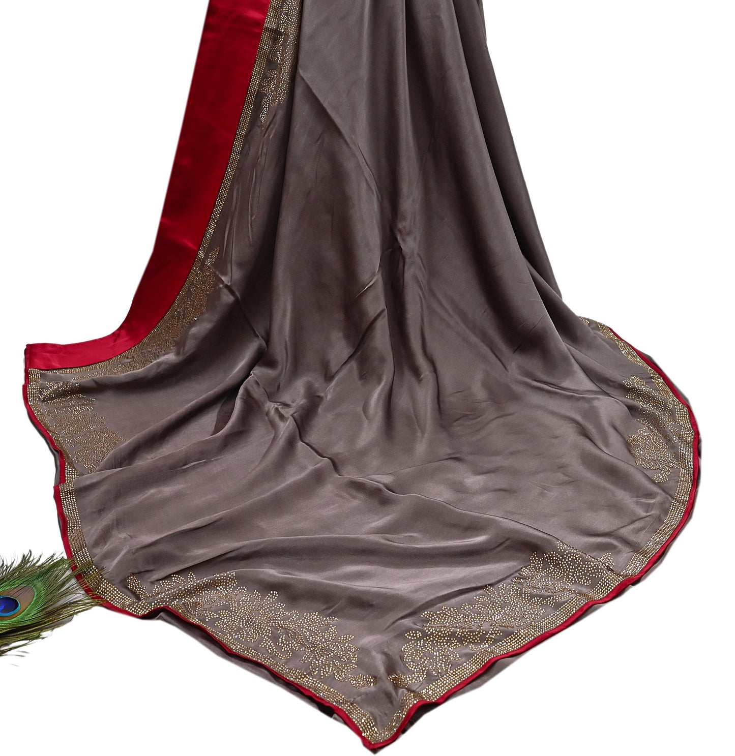Rare Vintage Brown Pure Satin Silk Saree Hand Embroidered Fabric 5.5 Yards Sari Bollywood Party Wear Ethnic Designer Saree