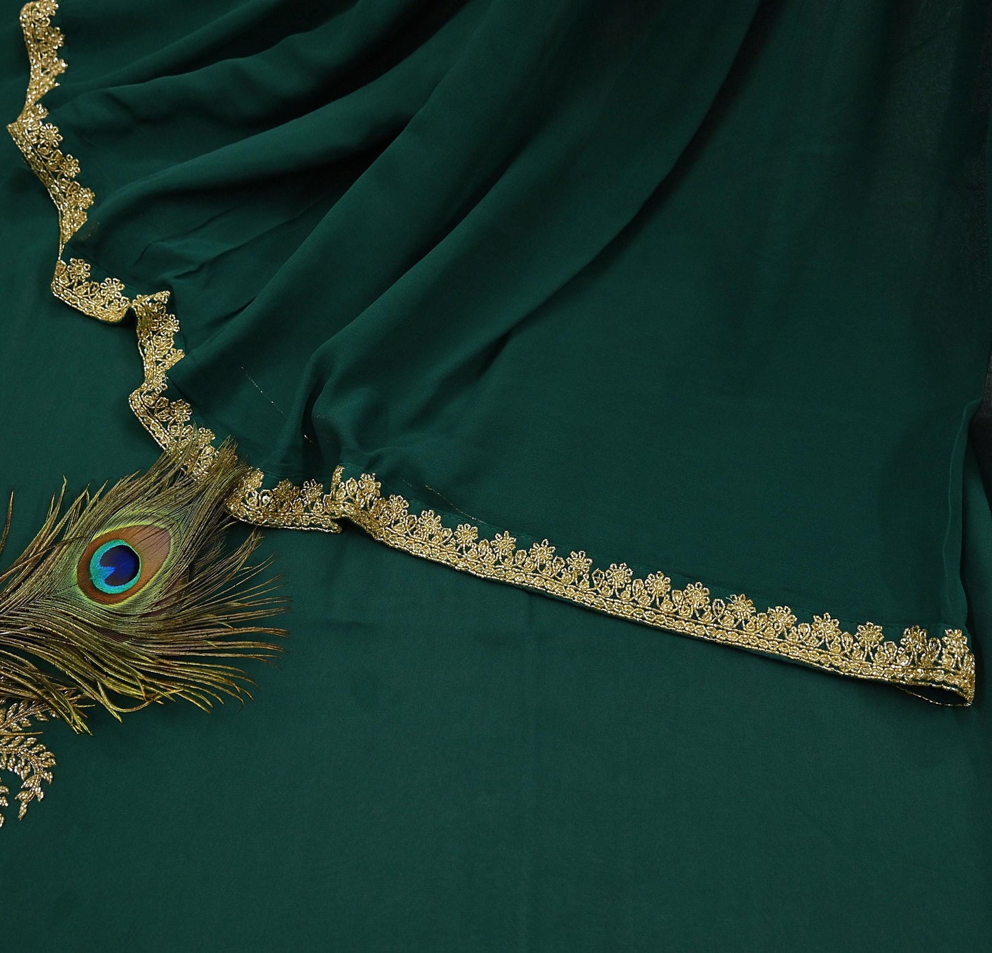 Rare Vintage Bottle Green Pure Georgette Silk Saree Hand Embroidered Fabric 5.5 Yards Sari Bollywood Party Wear Ethnic Designer Saree