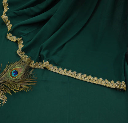 Rare Vintage Bottle Green Pure Georgette Silk Saree Hand Embroidered Fabric 5.5 Yards Sari Bollywood Party Wear Ethnic Designer Saree