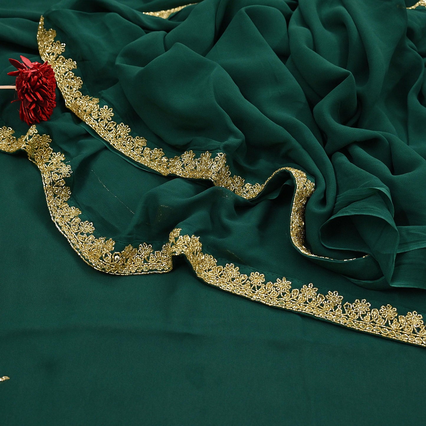 Rare Vintage Bottle Green Pure Georgette Silk Saree Hand Embroidered Fabric 5.5 Yards Sari Bollywood Party Wear Ethnic Designer Saree
