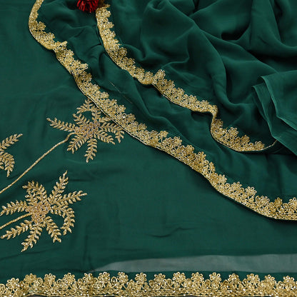 Rare Vintage Bottle Green Pure Georgette Silk Saree Hand Embroidered Fabric 5.5 Yards Sari Bollywood Party Wear Ethnic Designer Saree