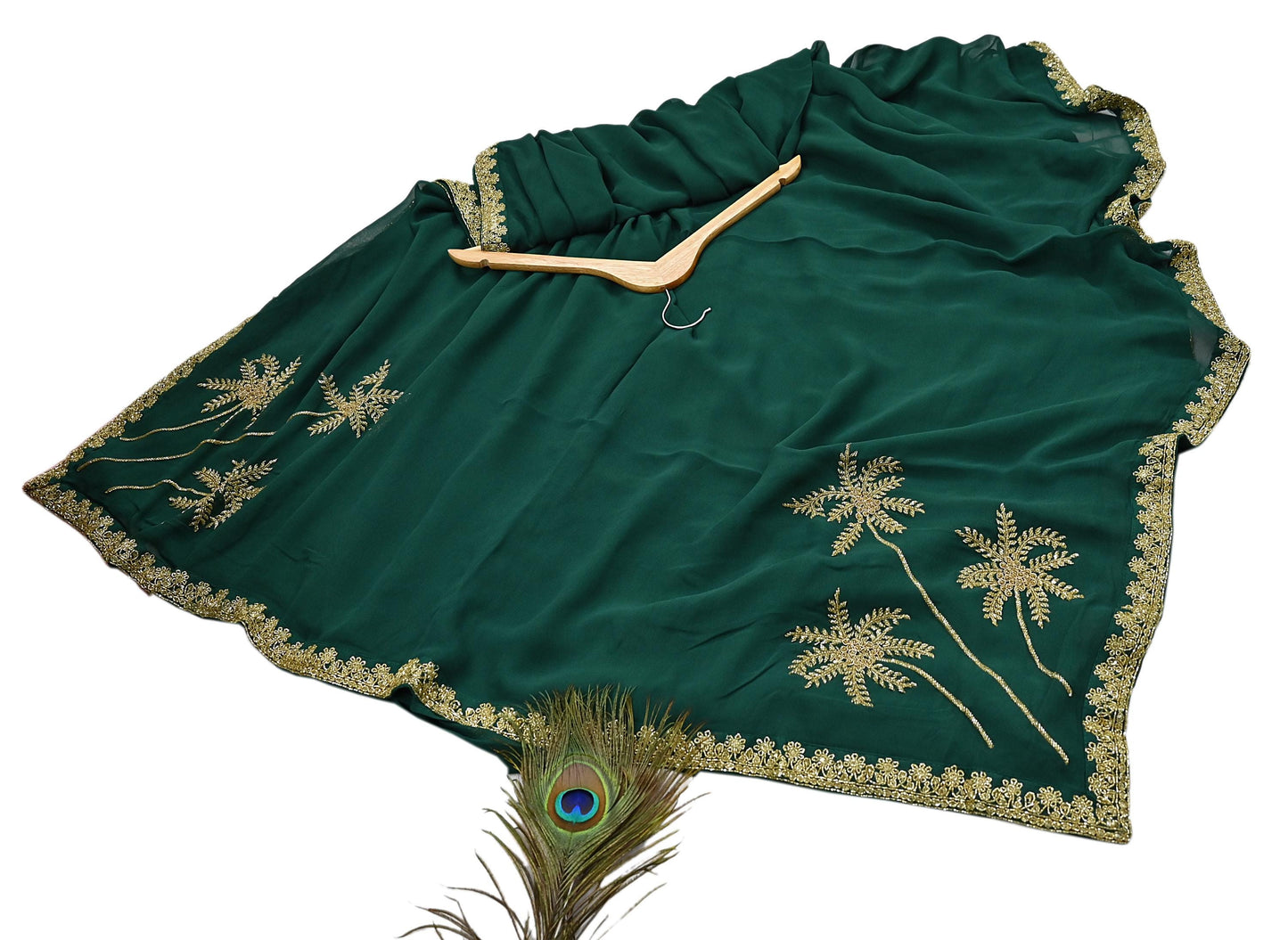 Rare Vintage Bottle Green Pure Georgette Silk Saree Hand Embroidered Fabric 5.5 Yards Sari Bollywood Party Wear Ethnic Designer Saree