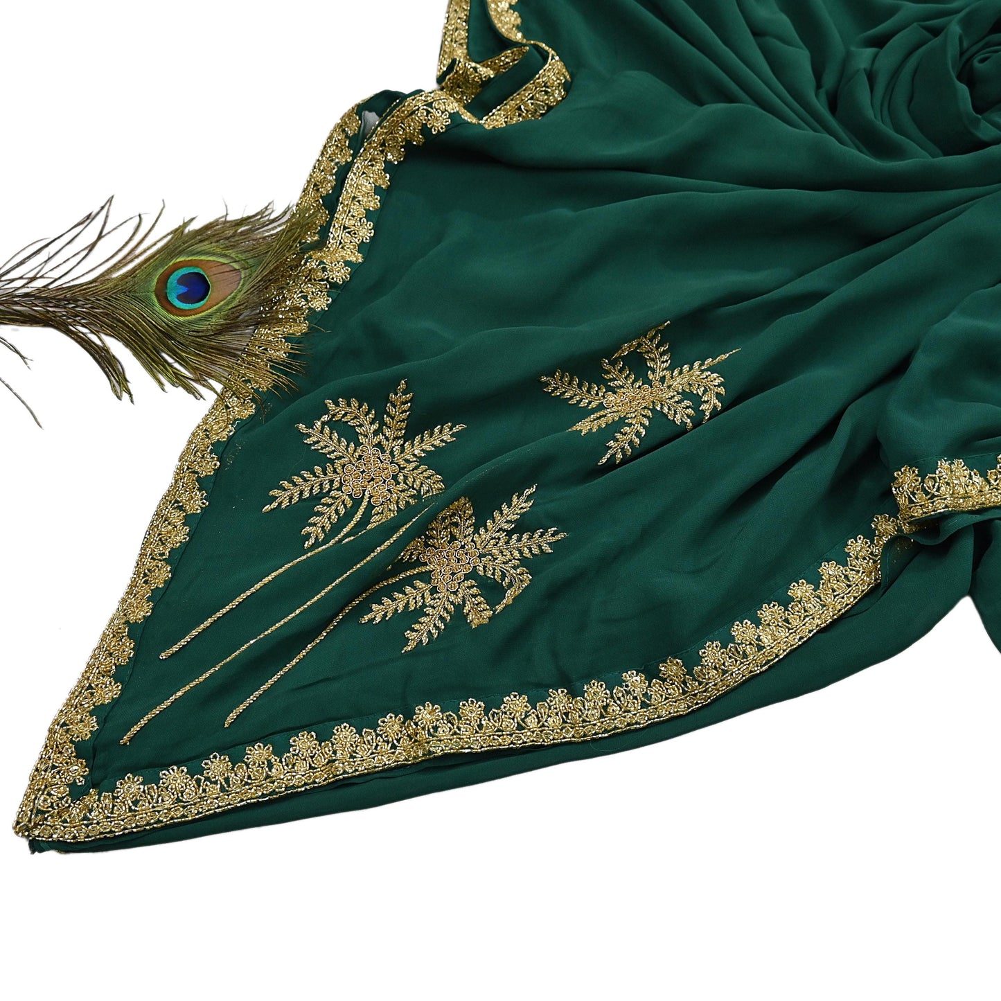 Rare Vintage Bottle Green Pure Georgette Silk Saree Hand Embroidered Fabric 5.5 Yards Sari Bollywood Party Wear Ethnic Designer Saree