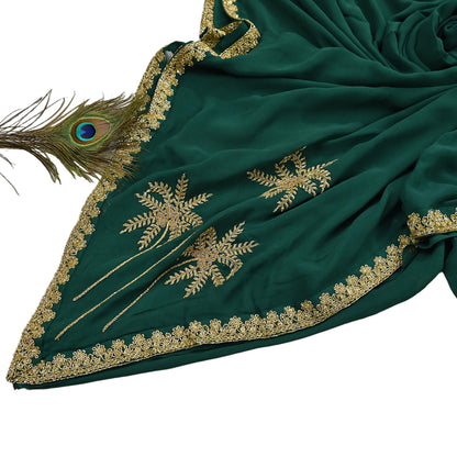 Rare Vintage Bottle Green Pure Georgette Silk Saree Hand Embroidered Fabric 5.5 Yards Sari Bollywood Party Wear Ethnic Designer Saree