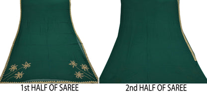 Rare Vintage Bottle Green Pure Georgette Silk Saree Hand Embroidered Fabric 5.5 Yards Sari Bollywood Party Wear Ethnic Designer Saree