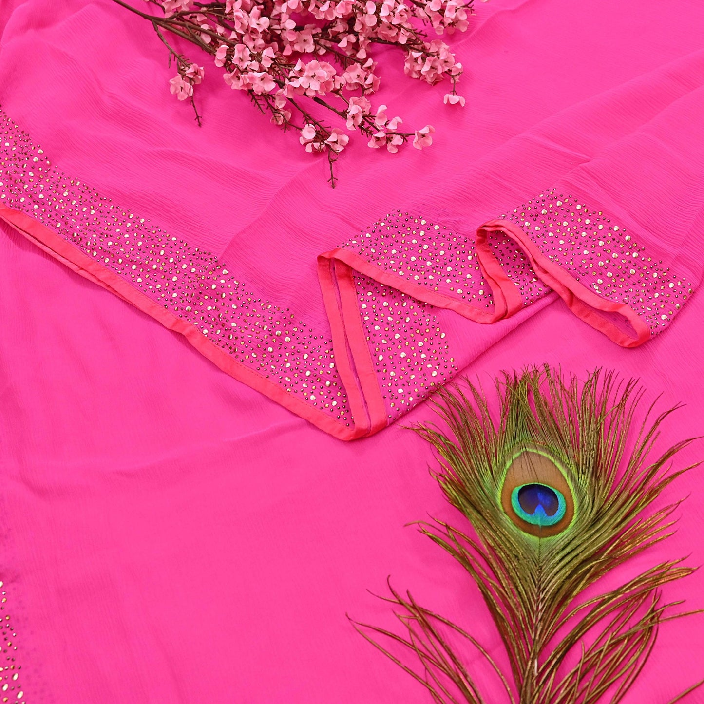 Rare Vintage Magenta Pure Chiffon Silk Saree Hand Embroidered Fabric 5.5 Yards Sari Bollywood Party Wear Ethnic saree