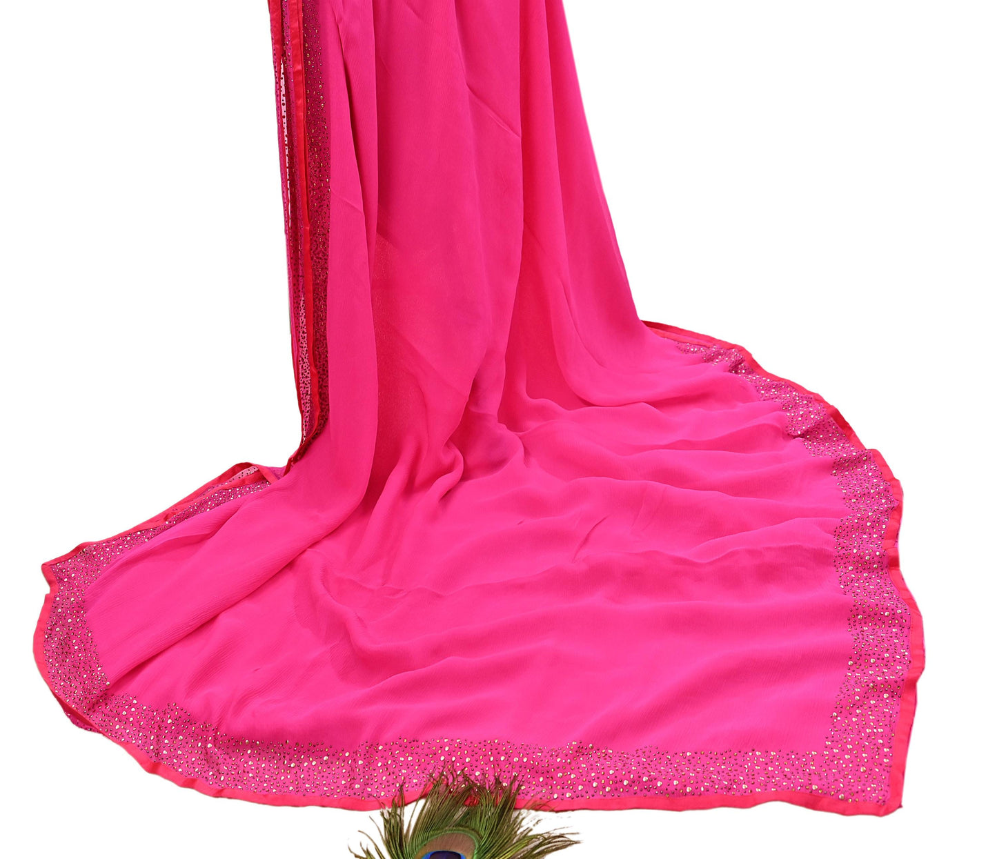 Rare Vintage Magenta Pure Chiffon Silk Saree Hand Embroidered Fabric 5.5 Yards Sari Bollywood Party Wear Ethnic saree