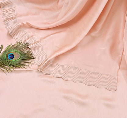 Rare Vintage Peach Pure Satin Silk Saree Hand Embroidered Fabric 5.5 Yards Sari Bollywood Party Wear Ethnic Saree
