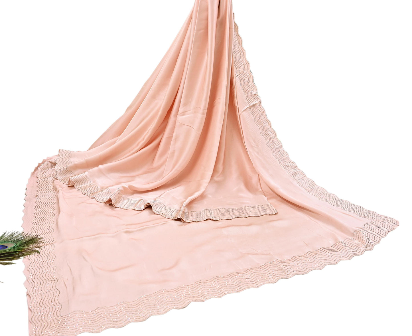 Rare Vintage Peach Pure Satin Silk Saree Hand Embroidered Fabric 5.5 Yards Sari Bollywood Party Wear Ethnic Saree