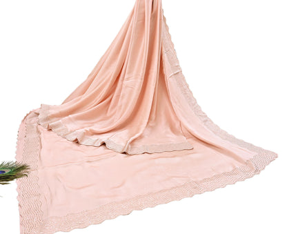 Rare Vintage Peach Pure Satin Silk Saree Hand Embroidered Fabric 5.5 Yards Sari Bollywood Party Wear Ethnic Saree