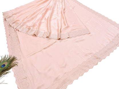 Rare Vintage Peach Pure Satin Silk Saree Hand Embroidered Fabric 5.5 Yards Sari Bollywood Party Wear Ethnic Saree