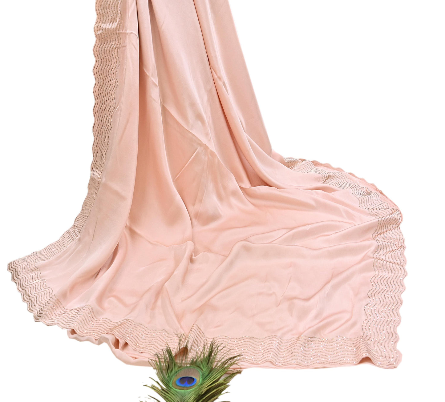 Rare Vintage Peach Pure Satin Silk Saree Hand Embroidered Fabric 5.5 Yards Sari Bollywood Party Wear Ethnic Saree