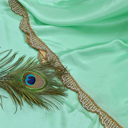 Rare Vintage Green Pure Satin Silk Saree Hand Embroidered Fabric 5.5 Yards Sari Bollywood Party Wear Ethnic Saree