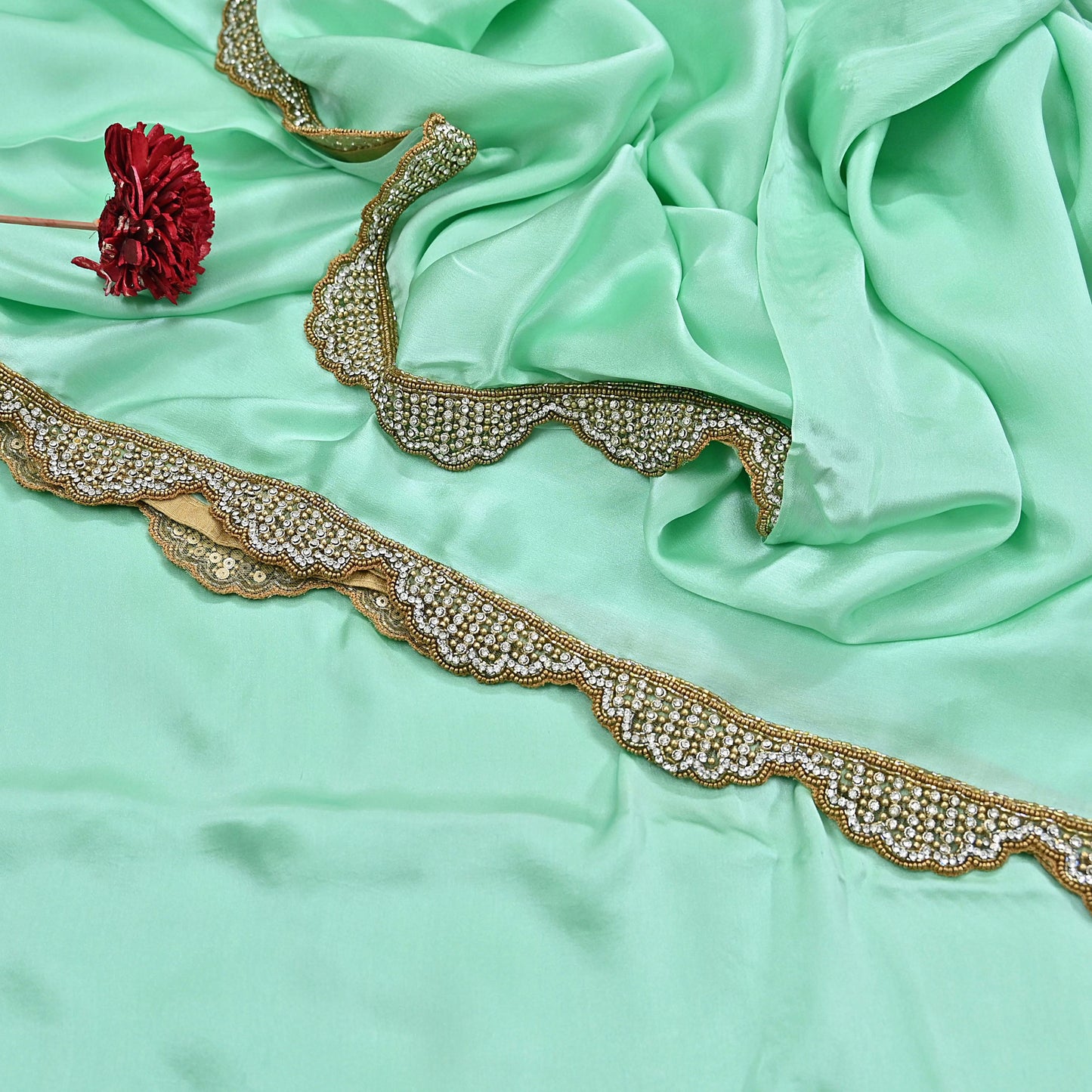 Rare Vintage Green Pure Satin Silk Saree Hand Embroidered Fabric 5.5 Yards Sari Bollywood Party Wear Ethnic Saree