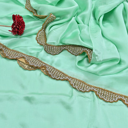 Rare Vintage Green Pure Satin Silk Saree Hand Embroidered Fabric 5.5 Yards Sari Bollywood Party Wear Ethnic Saree