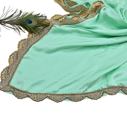 Rare Vintage Green Pure Satin Silk Saree Hand Embroidered Fabric 5.5 Yards Sari Bollywood Party Wear Ethnic Saree