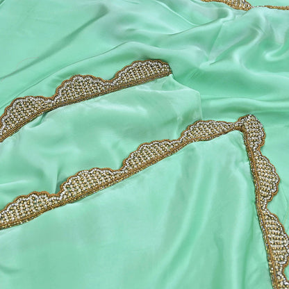 Rare Vintage Green Pure Satin Silk Saree Hand Embroidered Fabric 5.5 Yards Sari Bollywood Party Wear Ethnic Saree