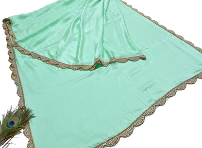 Rare Vintage Green Pure Satin Silk Saree Hand Embroidered Fabric 5.5 Yards Sari Bollywood Party Wear Ethnic Saree