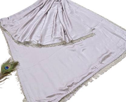 Rare Vintage Gray Pure Satin Silk Saree Hand Embroidered Fabric 5.5 Yards Sari Bollywood Party Wear Ethnic Saree