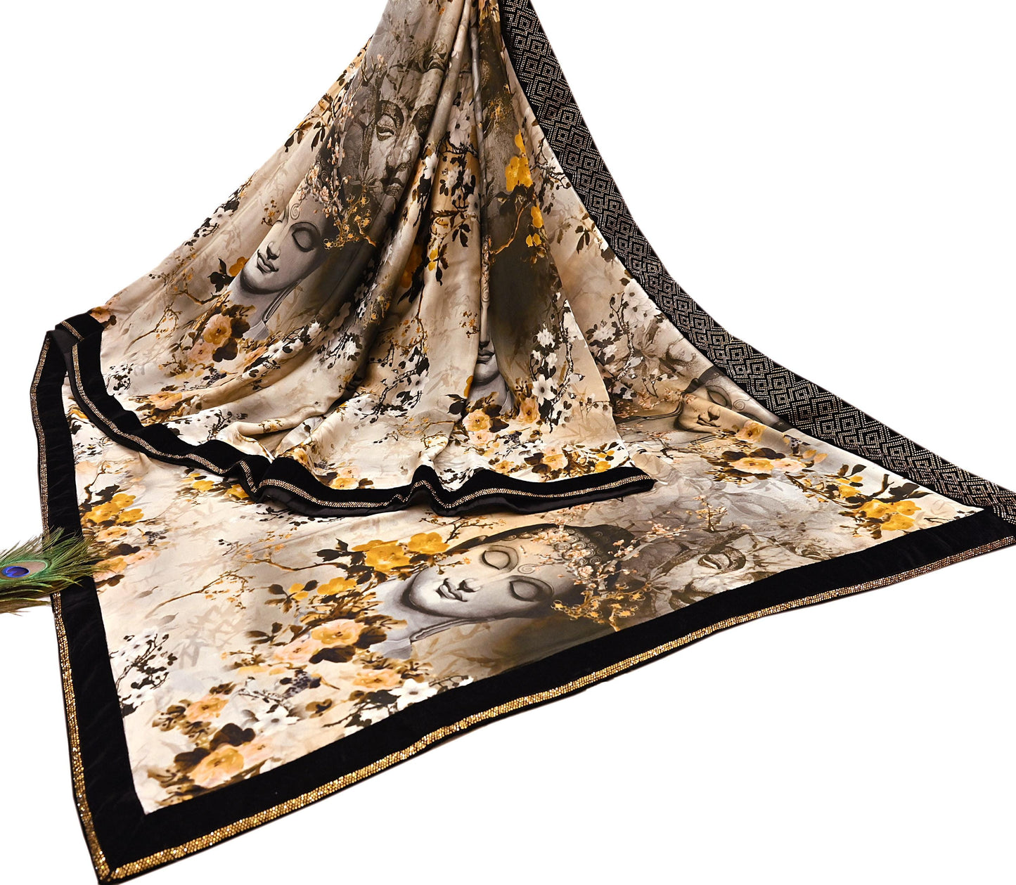 Rare Vintage Gray Pure Satin Silk Saree digital Printed Fabric 5.5 Yards Sari Bollywood Party Wear Ethnic Designer Saree