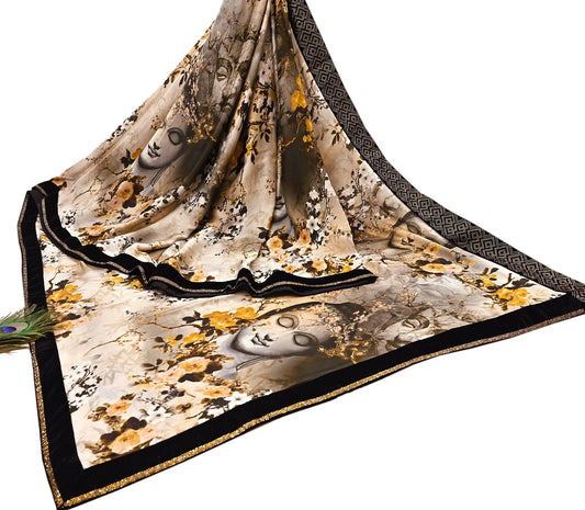 Rare Vintage Gray Pure Satin Silk Saree digital Printed Fabric 5.5 Yards Sari Bollywood Party Wear Ethnic Designer Saree
