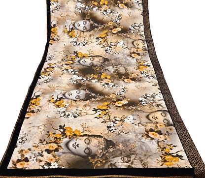 Rare Vintage Gray Pure Satin Silk Saree digital Printed Fabric 5.5 Yards Sari Bollywood Party Wear Ethnic Designer Saree