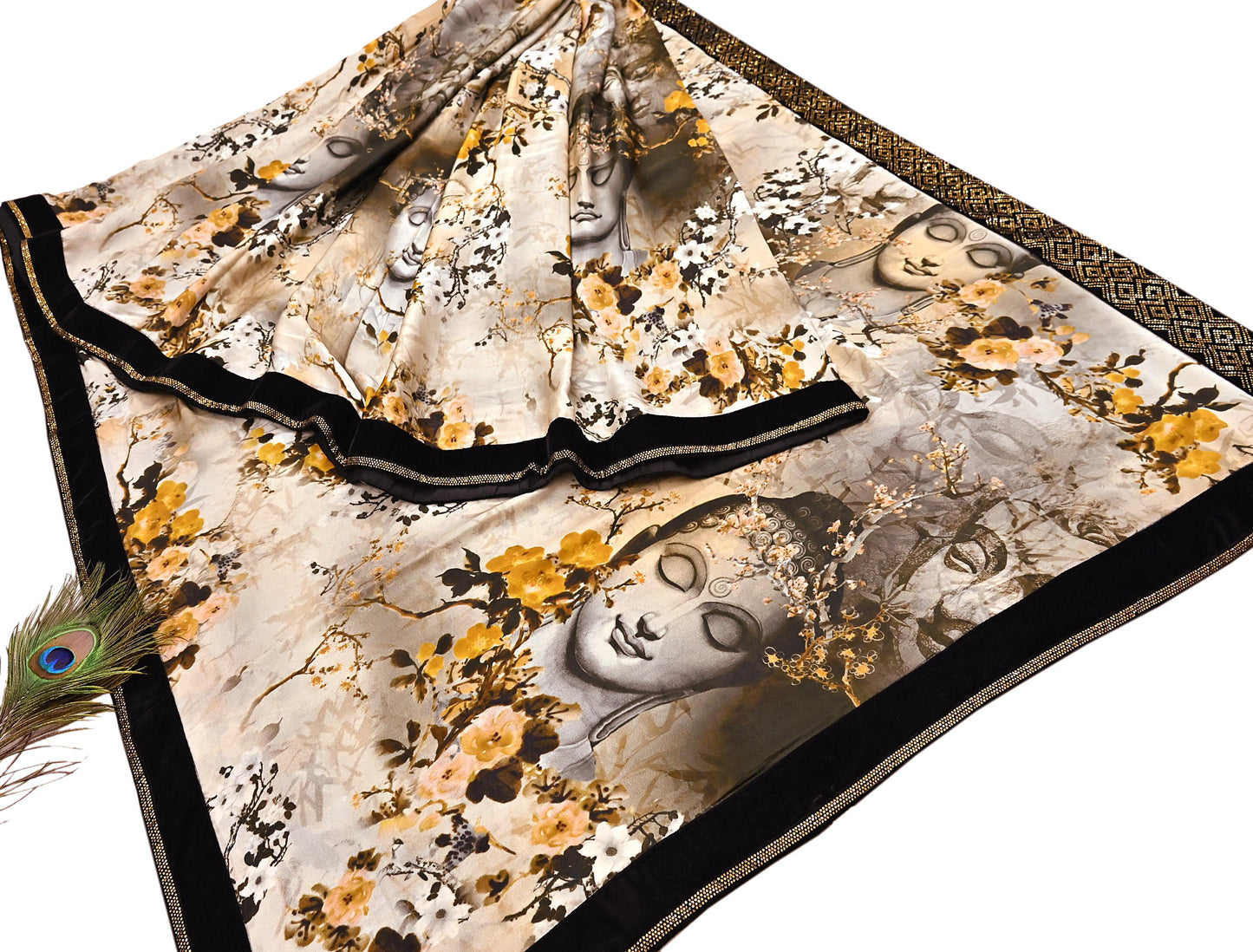 Rare Vintage Gray Pure Satin Silk Saree digital Printed Fabric 5.5 Yards Sari Bollywood Party Wear Ethnic Designer Saree