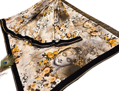 Rare Vintage Gray Pure Satin Silk Saree digital Printed Fabric 5.5 Yards Sari Bollywood Party Wear Ethnic Designer Saree